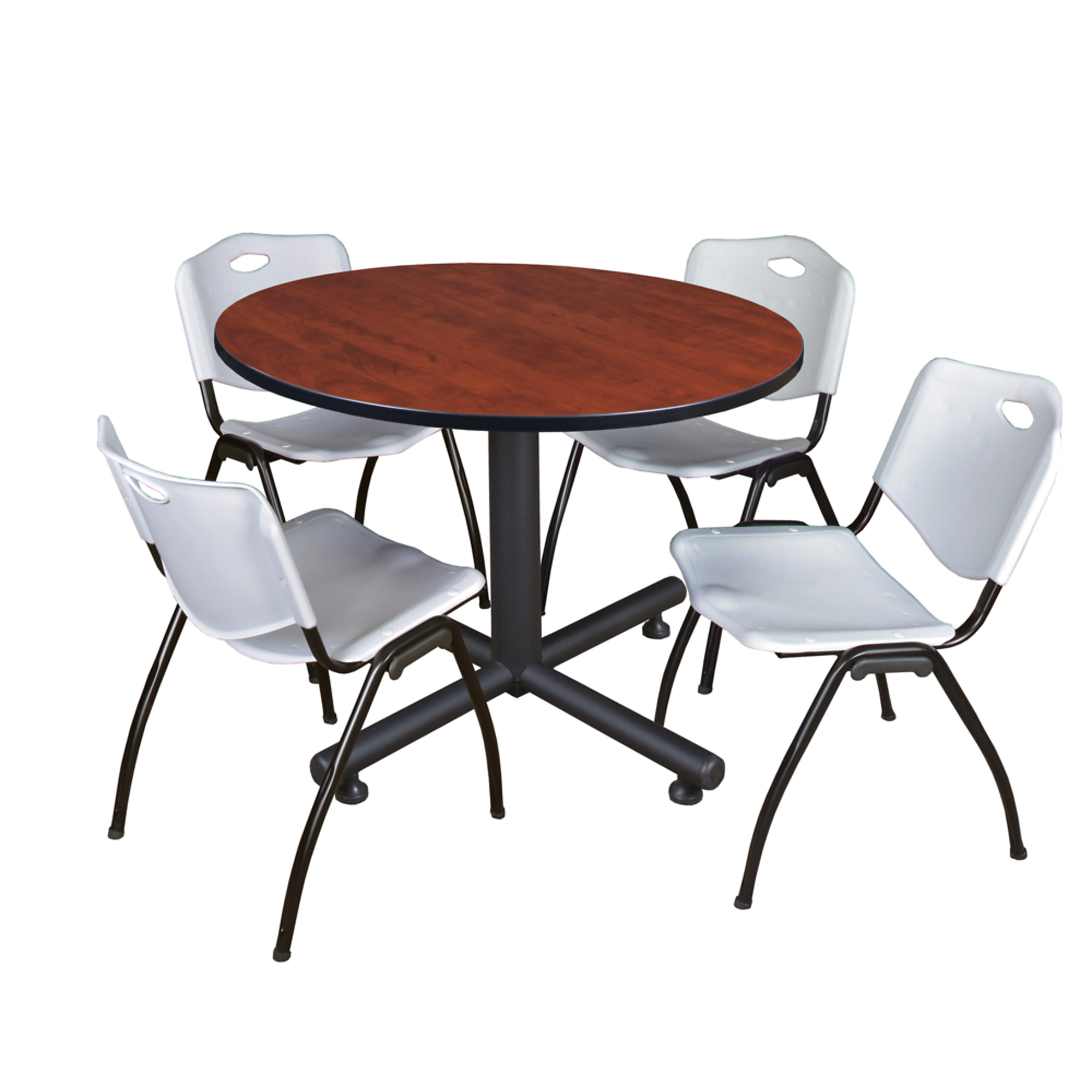Regency Kobe Round Breakroom Table Set — 48in., Cherry/Maple, 4 Grey Stack Chairs, Model# TKB48RNDCH47GY